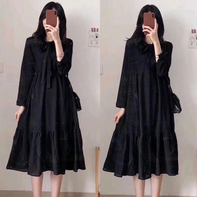 Váy xuông nữ- Đầm Babydoll Nữ Nơ Ngực tay bồng bánh bèo phối gile len xinh xẻo tiểu thư V250 Nội Y Xanh hàng đẹp trendy