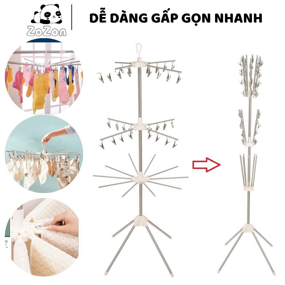 Cây phơi quần áo inox gấp gọn 3 tầng 56-80 kẹp móc quần áo cho trẻ sơ sinh Zozon