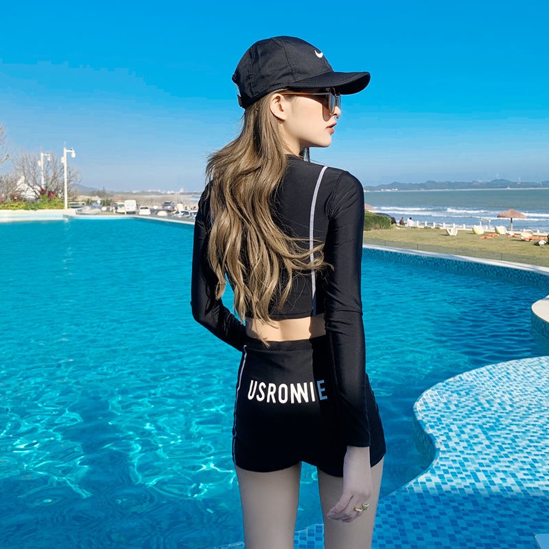 Bộ Đồ Bơi Thể Thao Tay Dài Quần Lưng Cao Ôm Dáng Phong Cách Hàn Quốc Thời Trang Cho Nữ