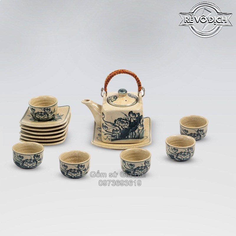 Ấm Chén Men Rạn Bát Tràng Họa Tiết Sông Núi Dáng Thủy Bình Quai Đoạn Trúc