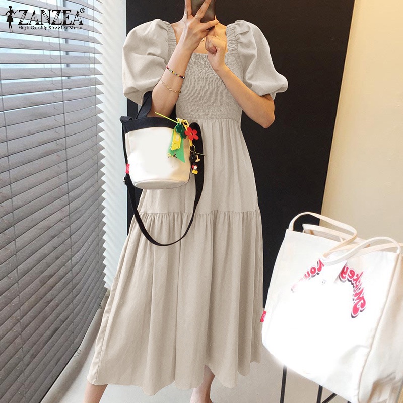 Đầm maxi ZANZEA tay ngắn ống phồng dáng rộng cổ vuông phối viền xếp nếp thanh lịch cho nữ