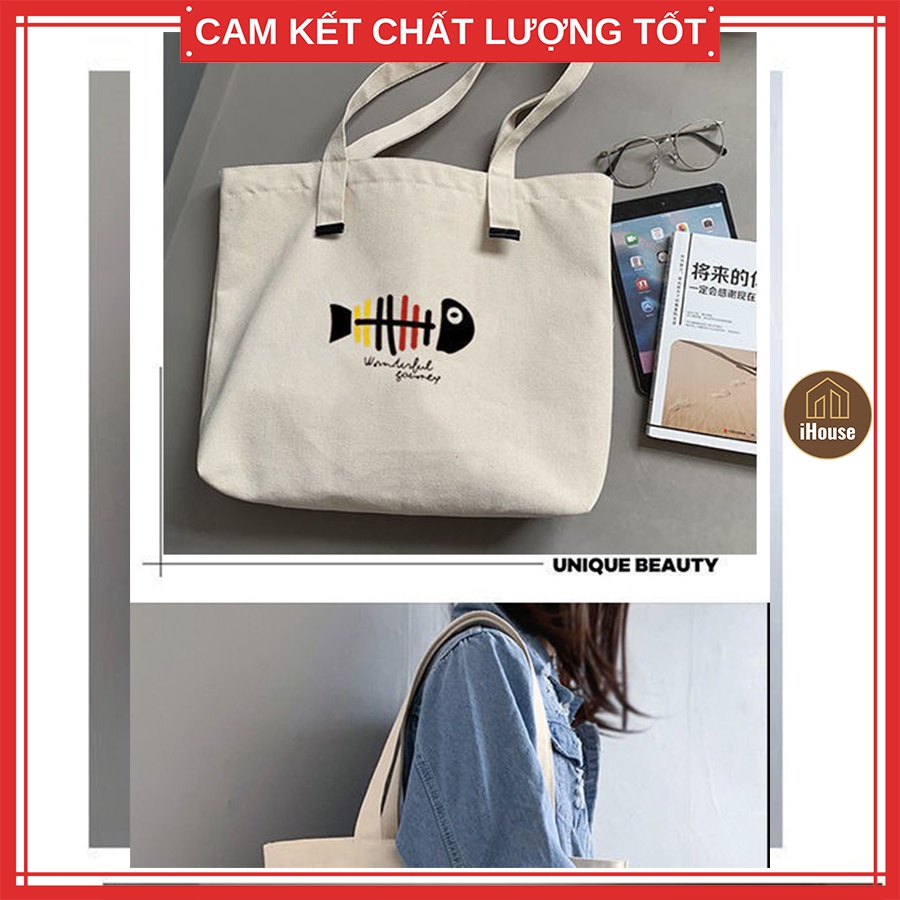 Túi vải canvas xịn đeo vai phong cách Hàn Quốc, Túi vải bố 2 ngăn có khóa kéo đeo chéo du lịch đi chơi tiện lợi iHouse