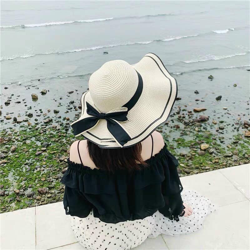 Mũ cói mềm vành rộng lượn sóng đai nơ MINAJW, nón cói đi biển cho mẹ và bé phong cách vintage chống