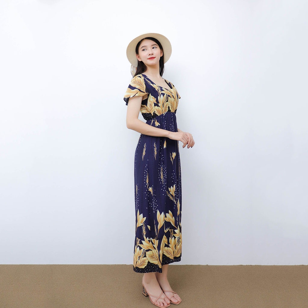 Đầm trung niên maxi đi biển hoa lanh thái cao cấp AMYRA - Váy maxi hoa đi biển cho mẹ mặc vào mùa hè thoáng mát Va072