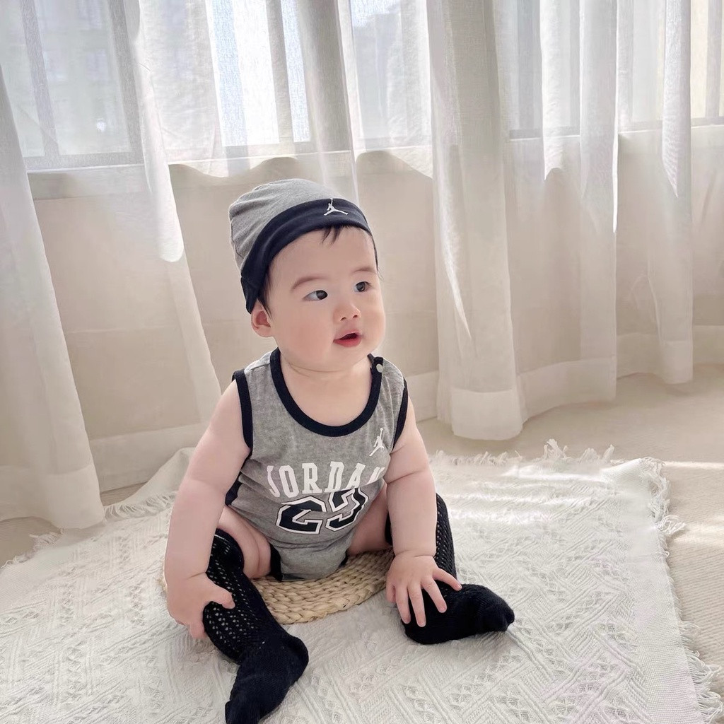 Bộ Áo Liền Quần + Nón Vải Cotton In Chữ Jordan 23 Dễ Thương Cho Bé Trai