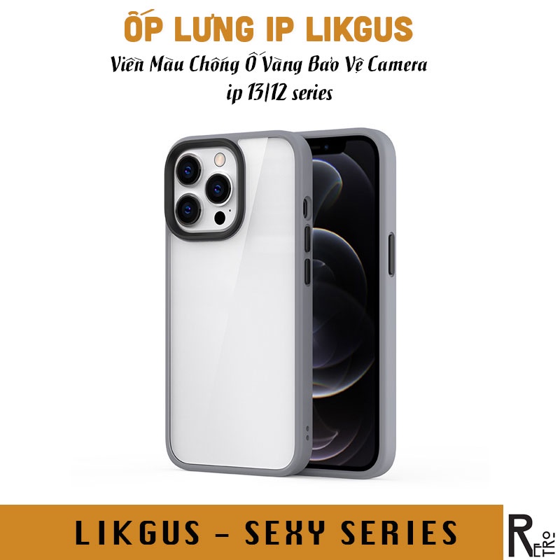 Ốp Lưng Trong Suốt Viền Màu LIKGUS Clear Shield Series Phím Bấm Nổi Chống Ố Vàng iP 13 Pro Max RETRO