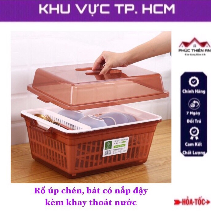 Rổ úp chén, bát có nắp đậy kèm khay thoát nước