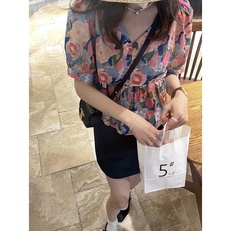 Áo Kiểu Nữ Cổ Chữ V Tay Phồng In Hoa Phong Cách Pháp Thời Trang