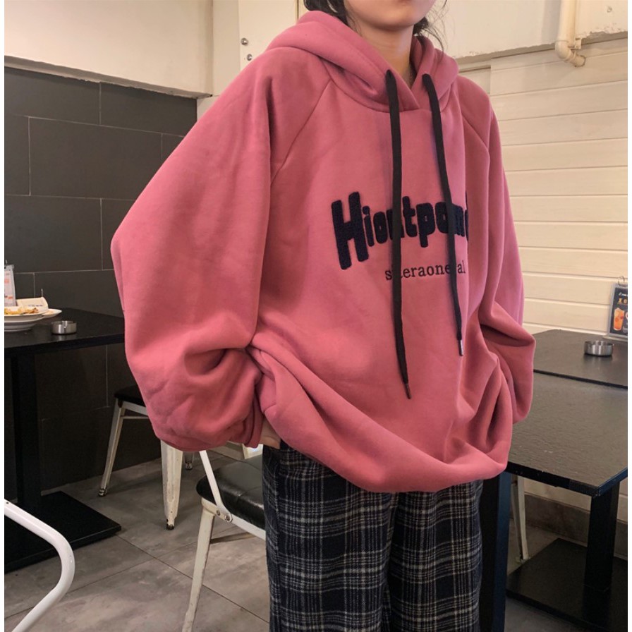 Áo hoodie nữ  🔥HTSTORE🔥 Áo nỉ mũ form rộng dài vải nỉ bông ấm mịn màu be hồng xanh