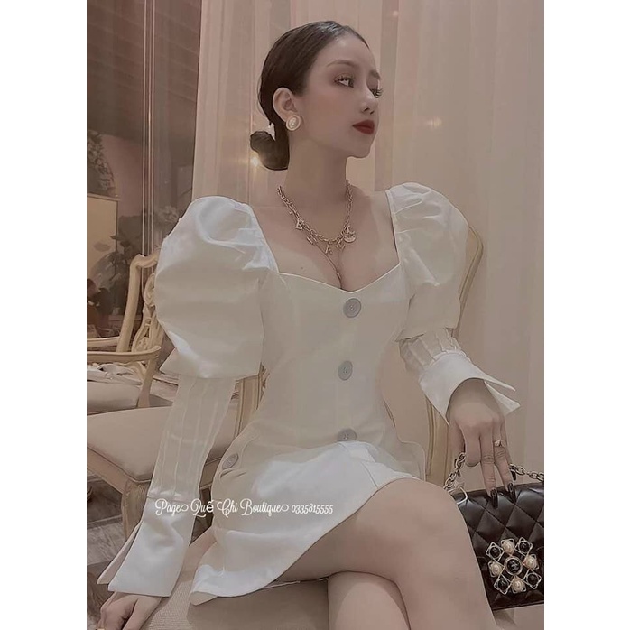 Đầm dự tiệc- Đầm body tay dài bo nút trắng nâu