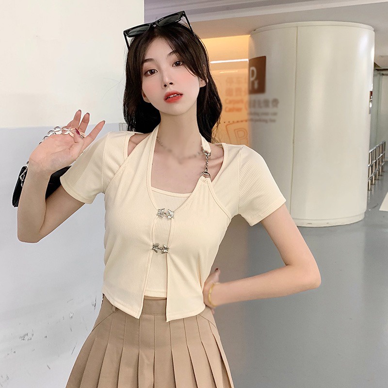 Áo Thun Tay Ngắn Cổ Tròn Giả Hai Lớp Thời Trang Dành Cho Nữ