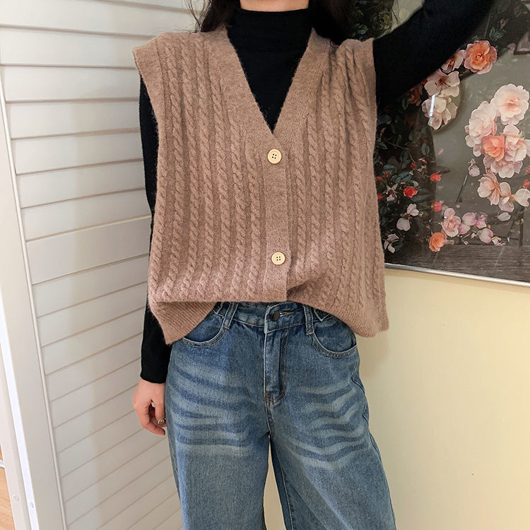 Áo gile dệt kim cổ chữ V kiểu cardigan phong cách Hàn Quốc dành cho nữ | BigBuy360 - bigbuy360.vn