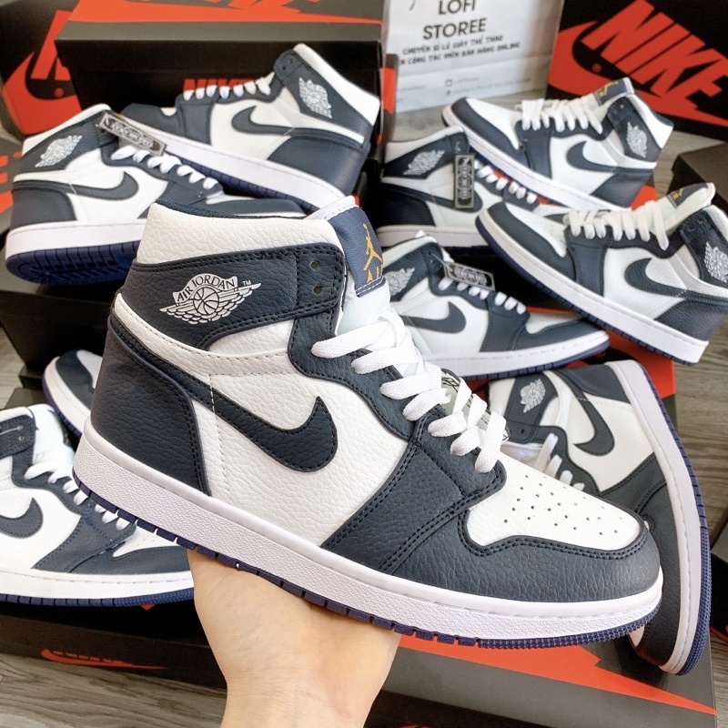 giày thể thao jd 1 xanh navy cao cổ, Giày thể thao JD xanh than cổ cao nam nữ