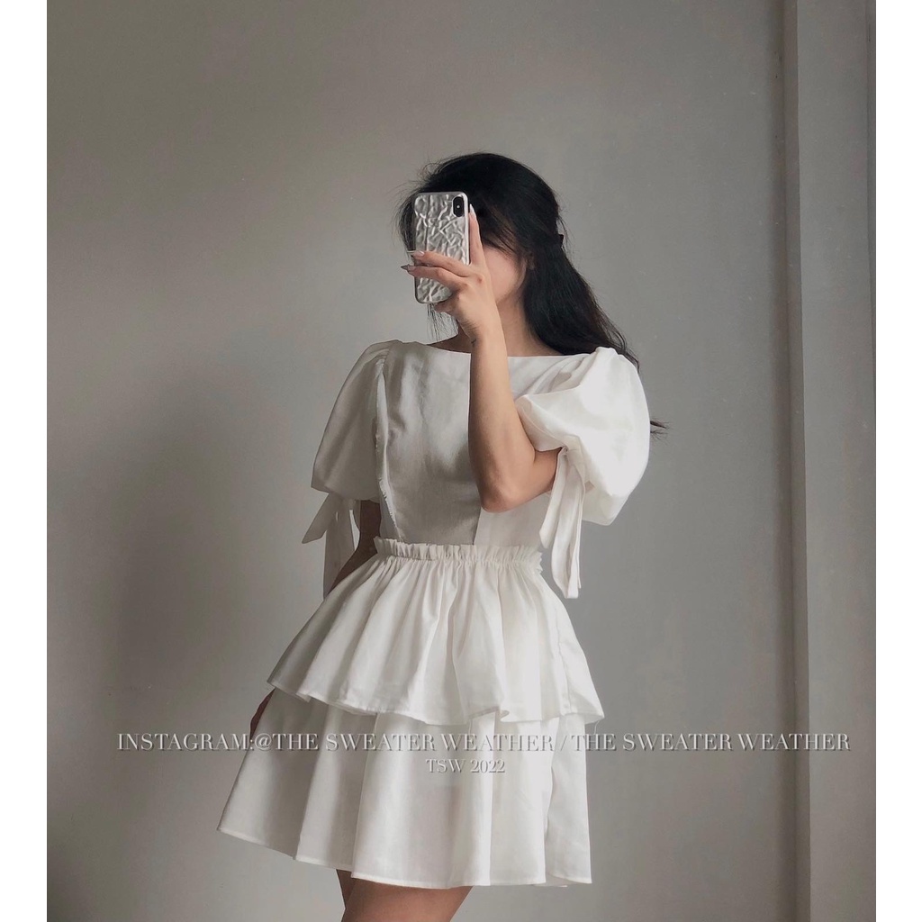 (Ảnh thật) Váy thô đũi mềm tay bồng xoè tầng the.sweaterweather TSW