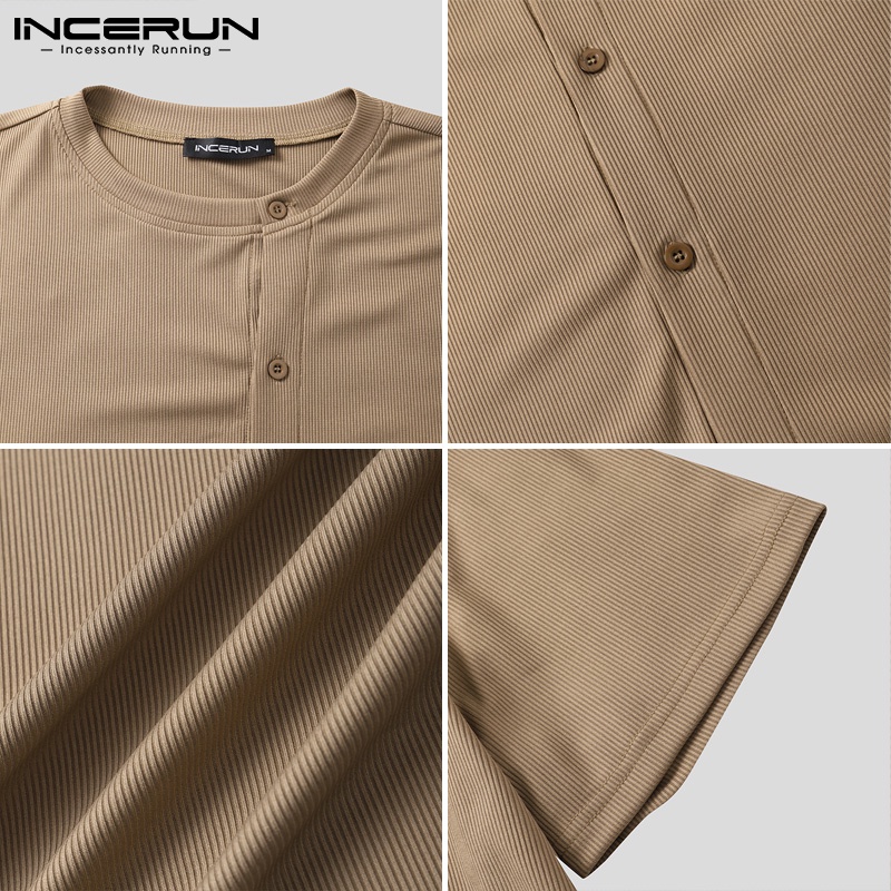 Áo sơ mi INCERUN tay ngắn dáng rộng phối nút thiết kế độc đáo thời trang cho nam