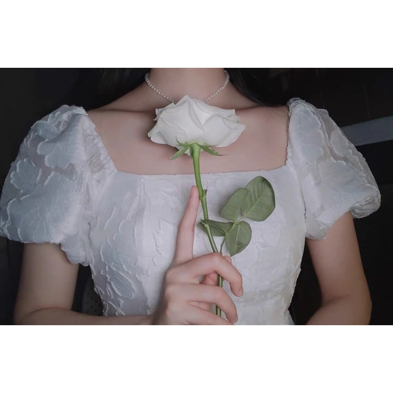 Jane Đầm trắng cổ tích hoa voan dịu dàng trễ vai tay phồng ( kèm ảnh feelback )