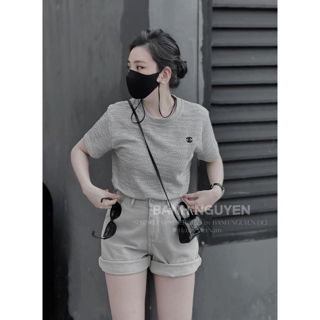Áo dệt thêu X cổ tròn cộc tay 2 màu