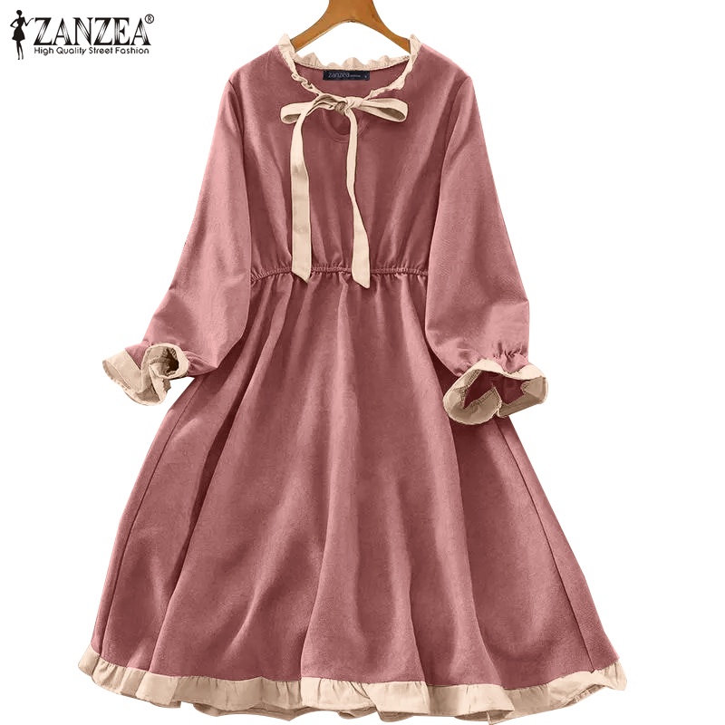 Đầm xòe ZANZEA tay phồng dài cổ tròn thời trang dành cho bạn nữ
