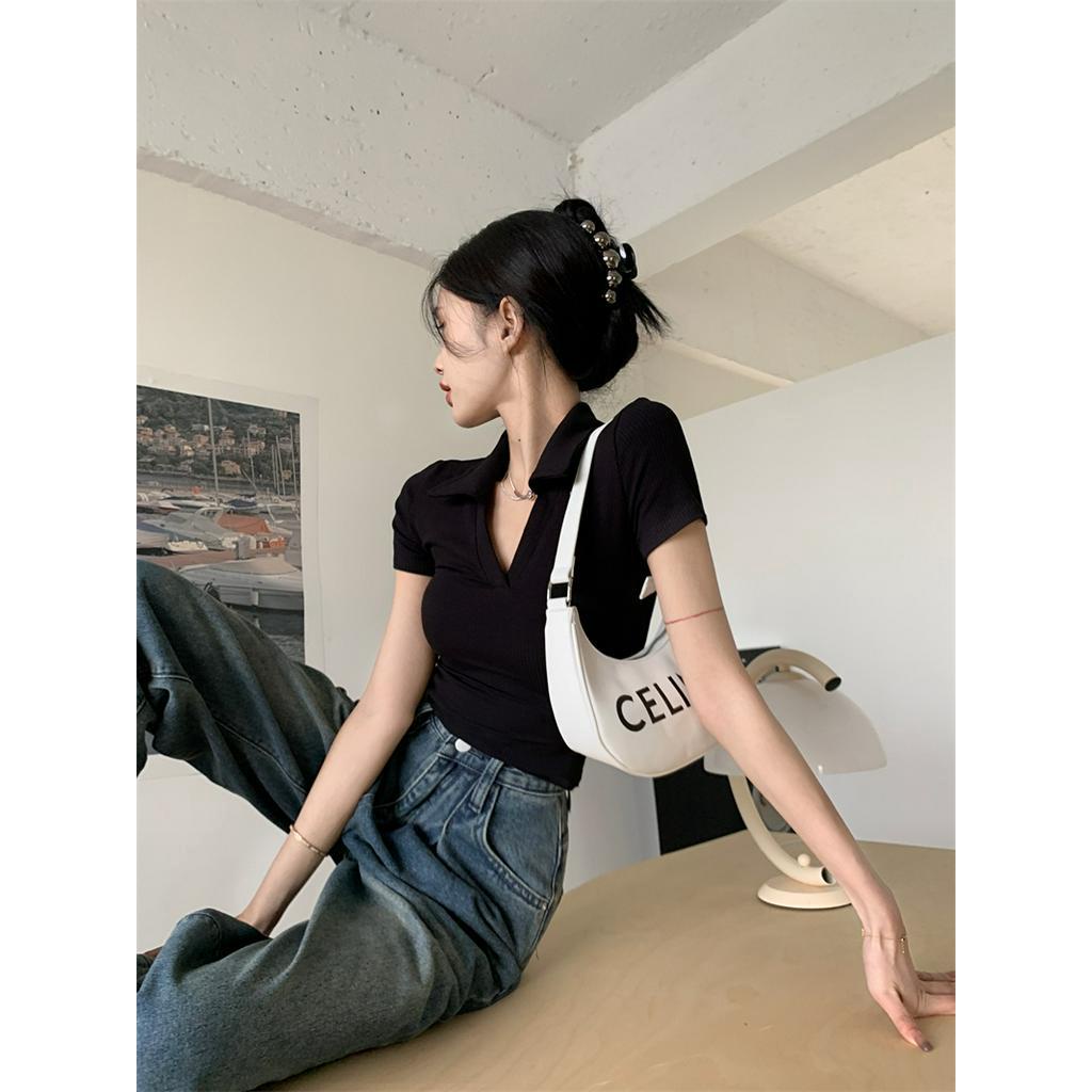 Áo Thun polo Dệt Kim Cổ V Dáng Ôm Ngắn Tay Thời Trang Retro Sành Điệu 63143