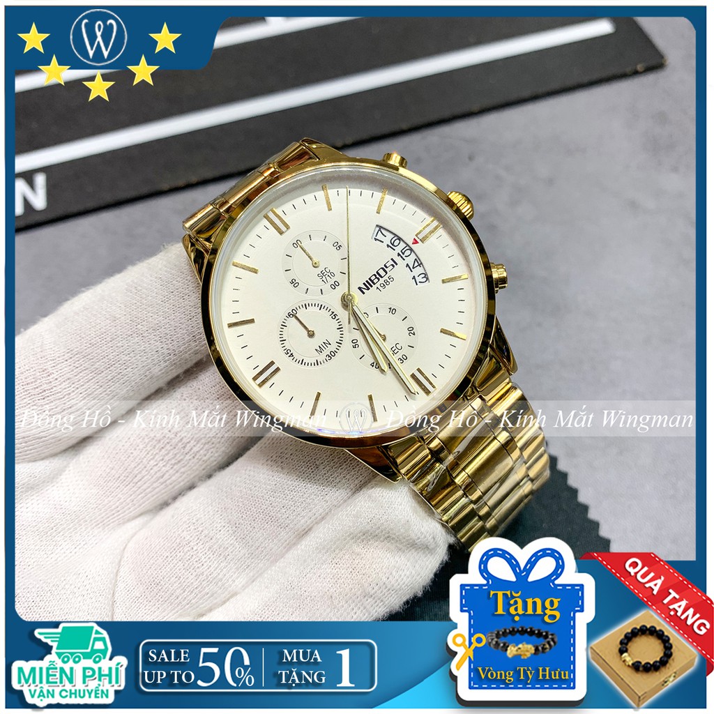 Đồng hồ nam NIBOSI 1985  dây thép không gỉ mạ vàng ánh kim, mặt kính chống xước, chống nước, bảo hành 3 năm