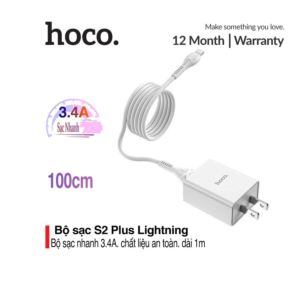 Bộ sạc Hoco S2 PLus dòng điện 3.4A Max cho tốc độ sạc tối đa, chất liệu PC bền chắc cao cấp (Micro và Lightning)