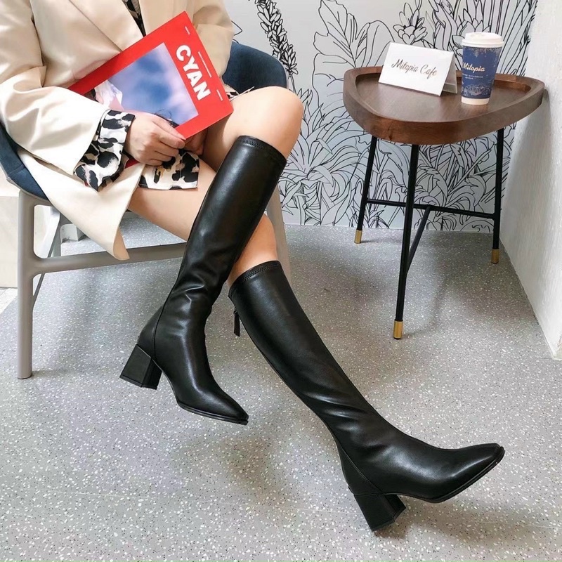 (hình thật) boot đùi da mềm gót vuông khoá da