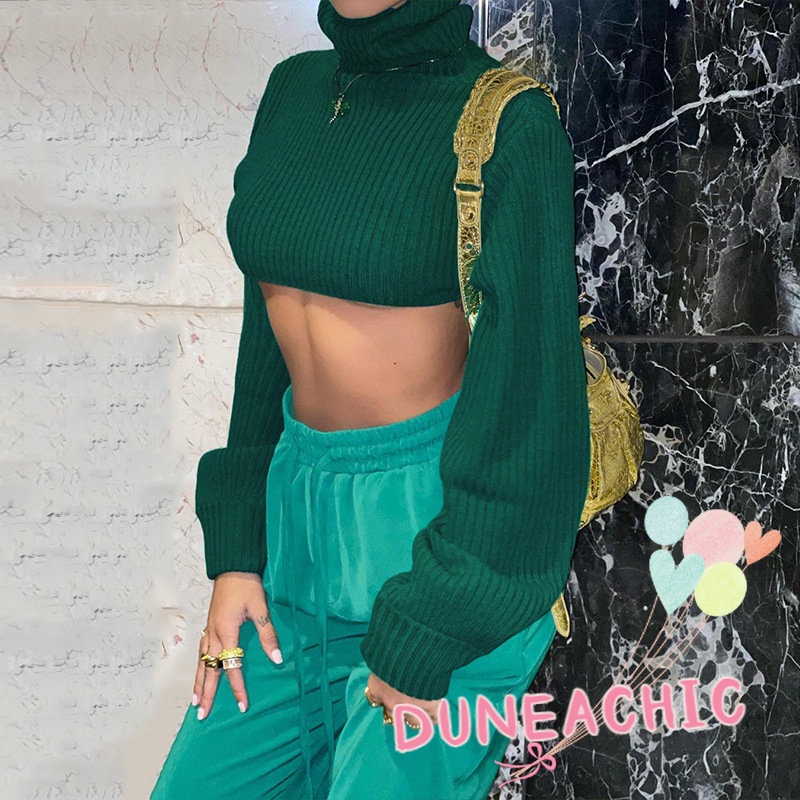 DUNEA Áo sweater croptop tay dài cổ cao màu trơn thiết kế dáng rộng thoải mái