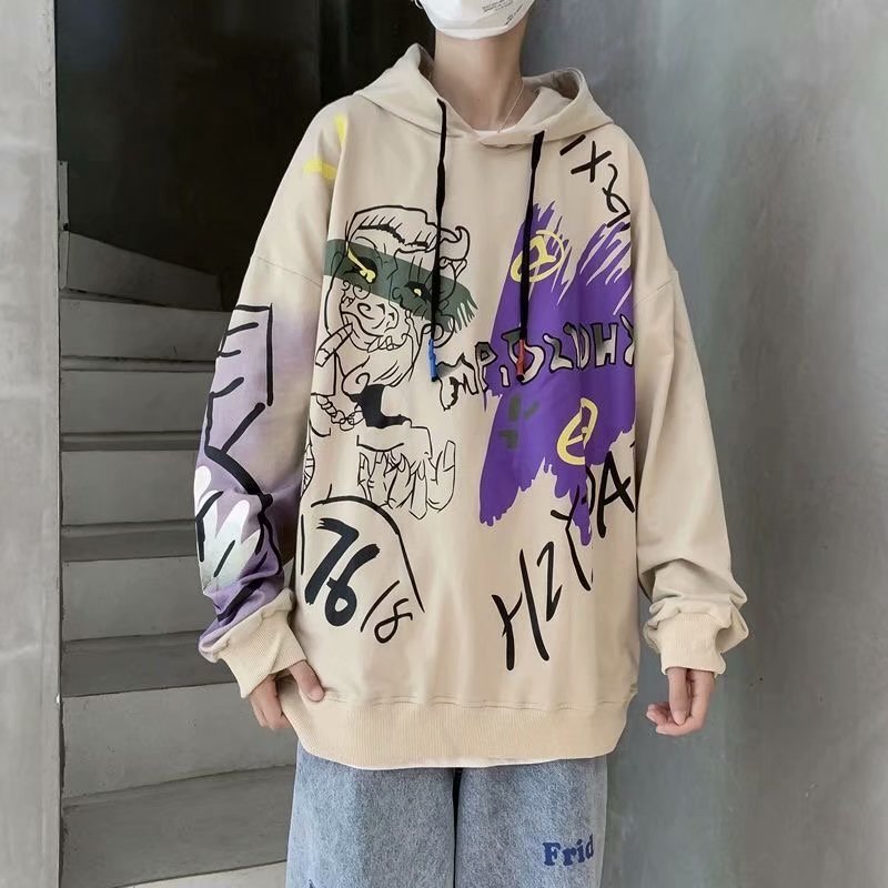 Áo hoodie dáng rộng tay dài in họa tiết graffiti gồm 3 màu sắc