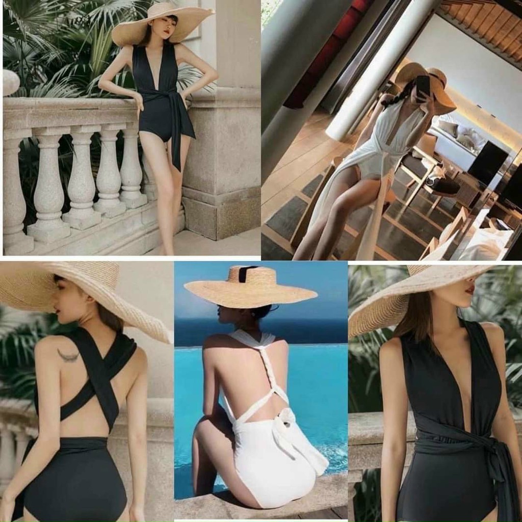 Bikini đồ bơi liền hở lưng vạt dài buộc eo thon gọn L01