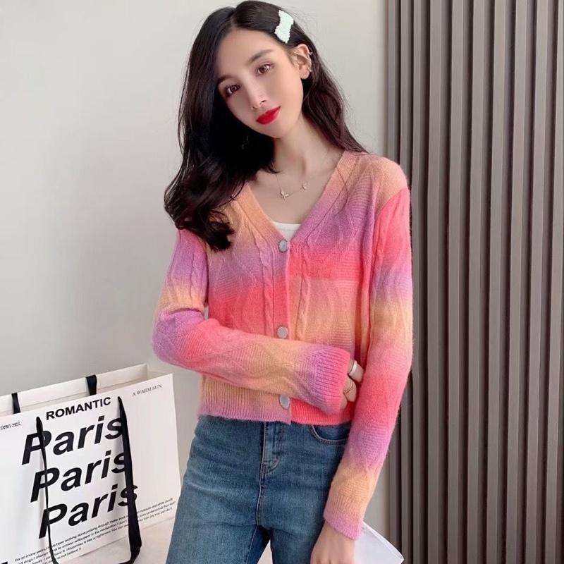 IELGY Áo Khoác cardigan Dệt Kim Tay Dài Dáng Rộng Màu gradient Thời Trang Cho Nữ