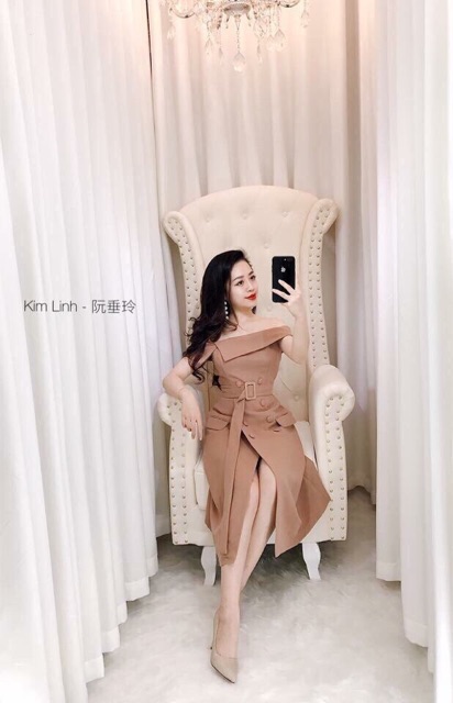 Đầm bẹt vai kèm belt tiểu thư | BigBuy360 - bigbuy360.vn