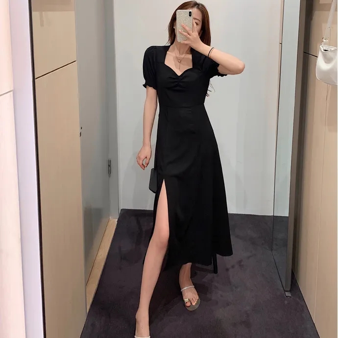 Square Collar Dress Women，Slim-Fit Dress，Black Dress