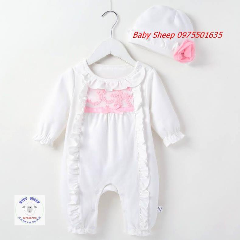 Bộ áo liền quần ren nơ kèm mũ tiểu thư mẫu mới cho bé đầy tháng thôi nôi dự tiệc