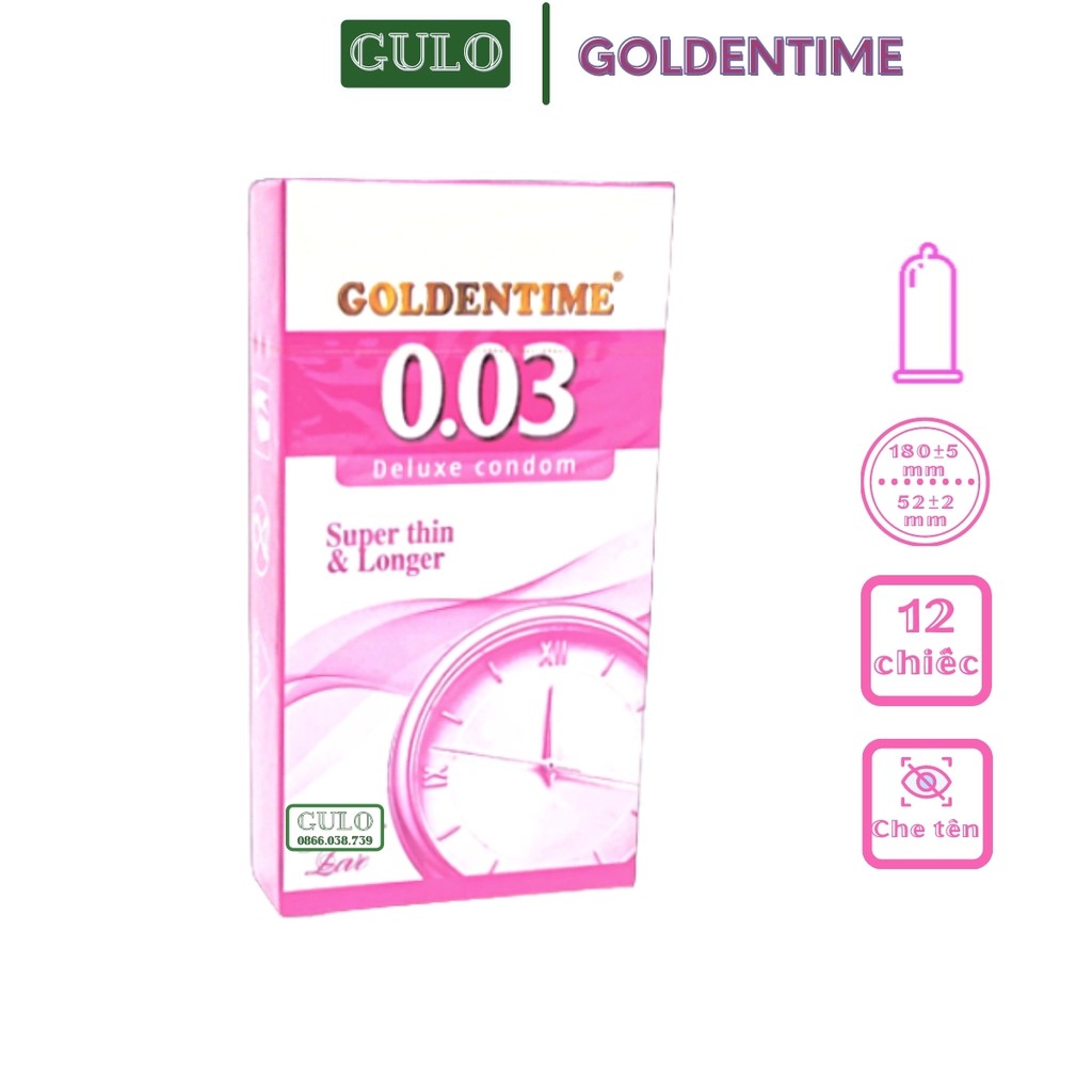 Bao Cao Su Siêu Mỏng, BCS Kéo Dài Thời Gian Condom Goldentime 0,03 Super Thin Longer - Hộp 12 bao