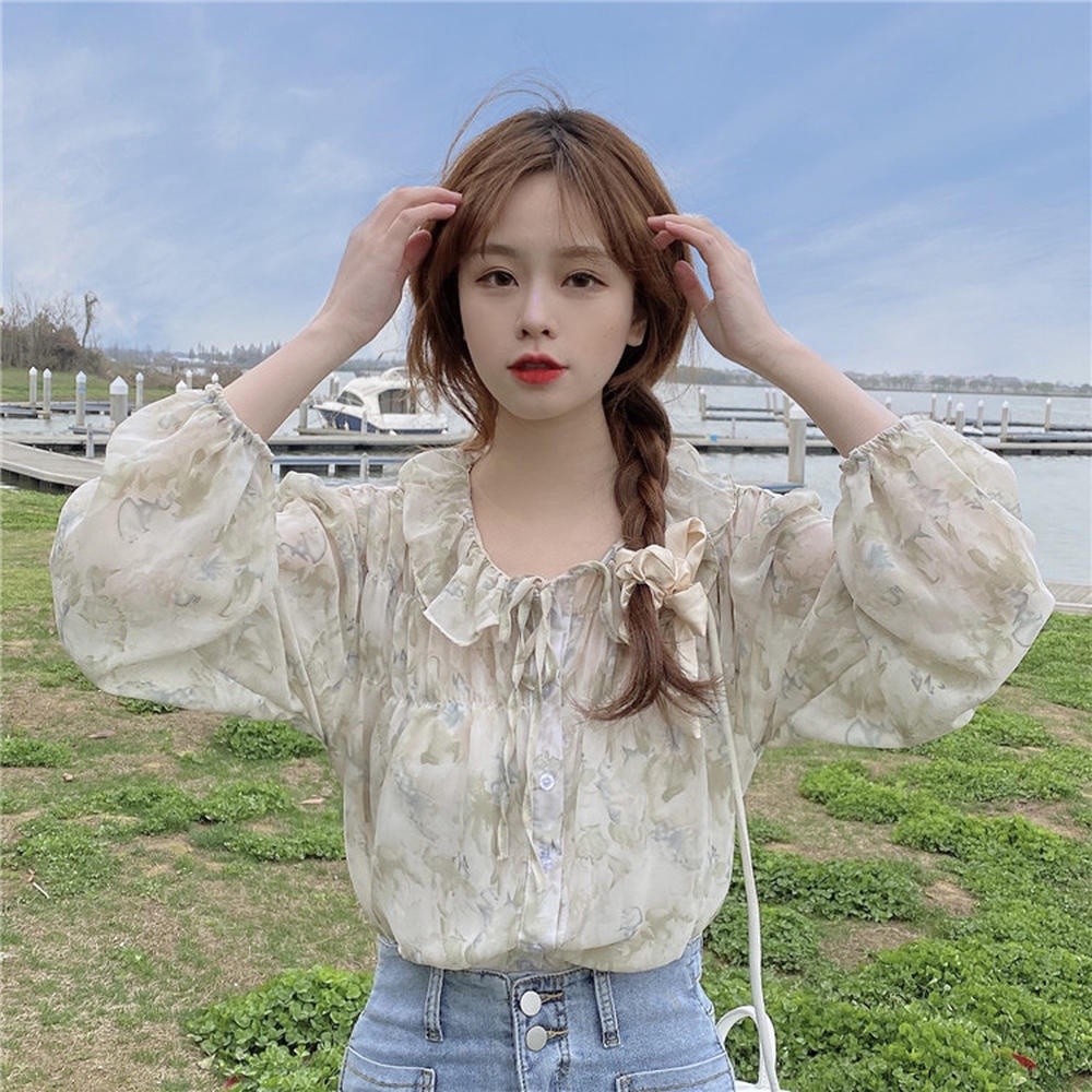 Áo Sơ Mi Tay Dài Cổ Buộc Dây Họa Tiết Hoa Ngọt Ngào Dành Cho Nữ 50180