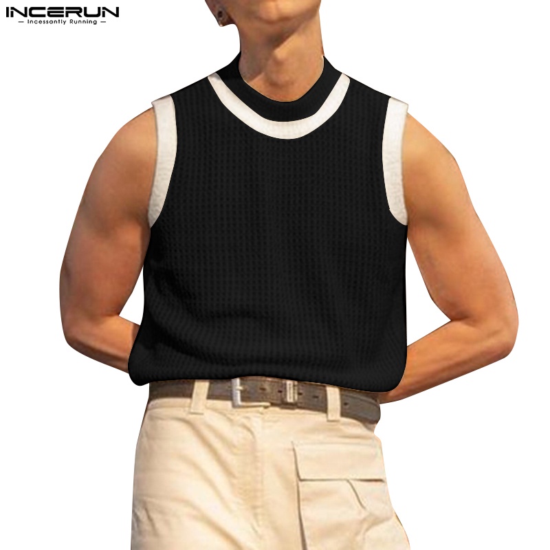 Áo thun không tay phối chi tiết sọc INCERUN thời trang sành điệu cho nam