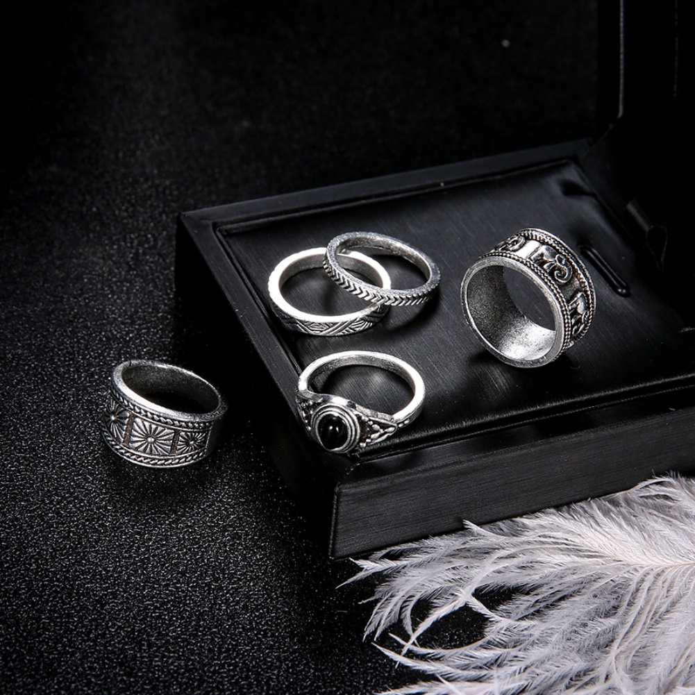 Bộ 5 nhẫn đeo đốt ngón tay khắc họa nhiều hình phong cách retro cho nữ