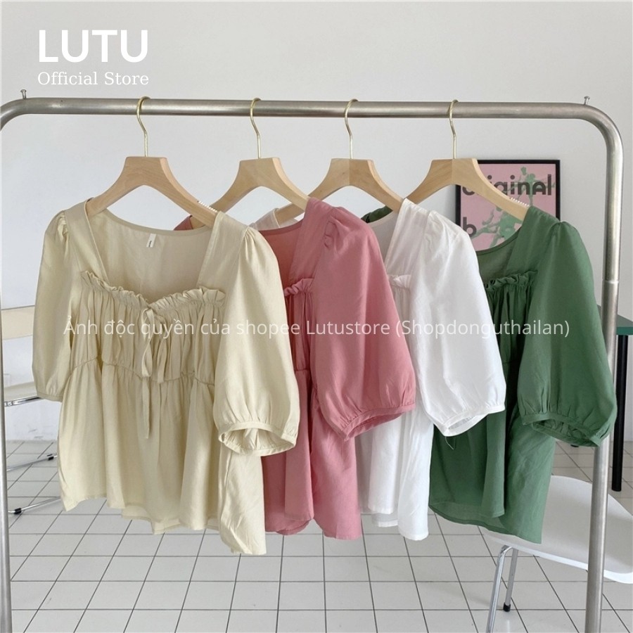 Áo Sơ Mi Nữ Cổ Vuông Bèo Tay Lỡ Dáng Baby Doll Dễ Thương Phong Cách Hàn Quốc