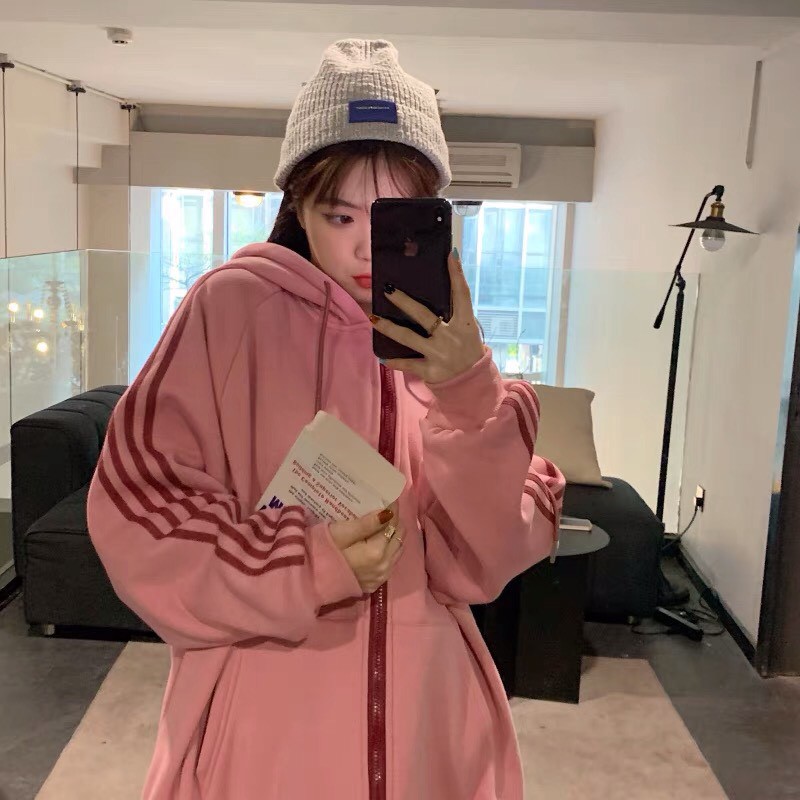 Áo Khoác Nỉ Hồng 4 Sọc Nữ ⚡ Casper.Store | FREESHIP | ⚡ Hoodie kẻ sọc tay mùa đông form rộng, thiết kế đơn giản