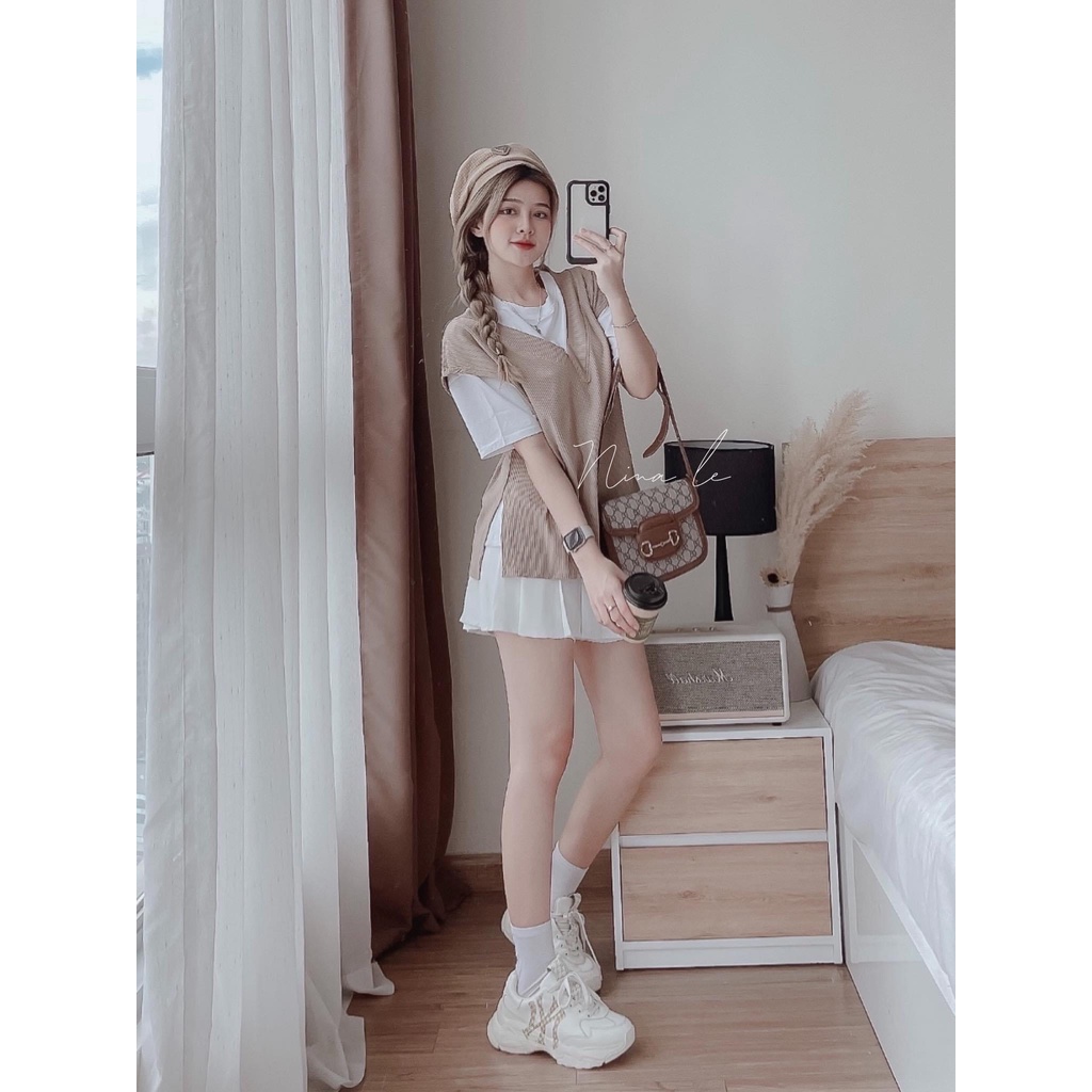 Set bộ đồ nữ 3 món áo thun phối áo khoác gile xẻ tà xinh xắn với 2 màu tôn da, tôn dáng dành cho các nàng yêu đi chơi