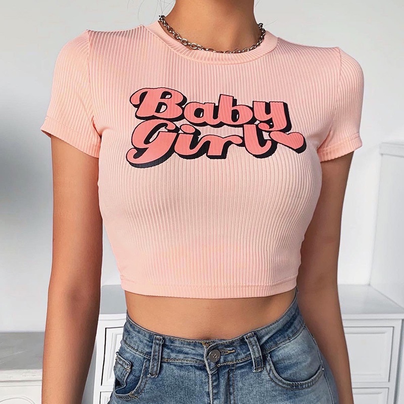 Áo thun croptop tay ngắn cổ tròn in chữ dễ thương dành cho nữ
