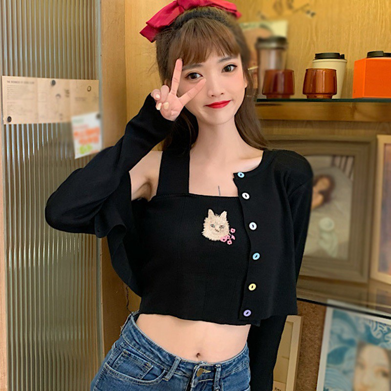 Áo Hai Dây Dệt Kim Thêu Hình Mèo Xinh Xắn Dành Cho Nữ
