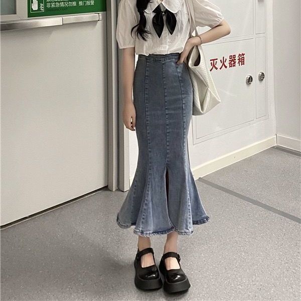 Jiashucheng Chân Váy Denim Đuôi Cá Lưng Cao Co Giãn Xẻ Tà Phong Cách Mới