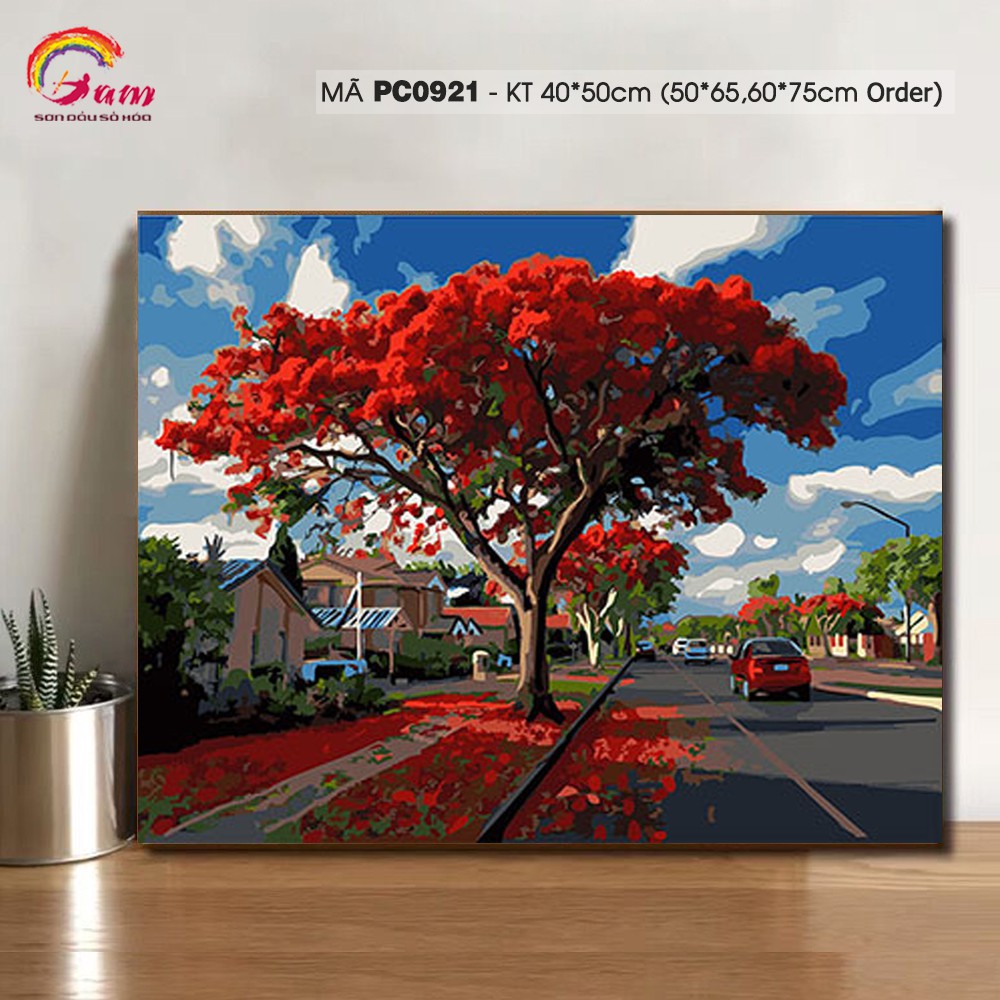 HaLa Store-Tranh tự tô màu theo số sơn dầu số hóa Tranh phong cảnh con đường hoa phượng mùa hè PC0921