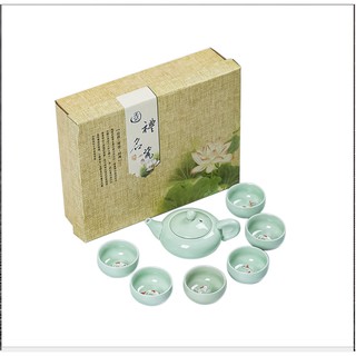 Bộ ấm chén pha trà cá 3D men ngọc