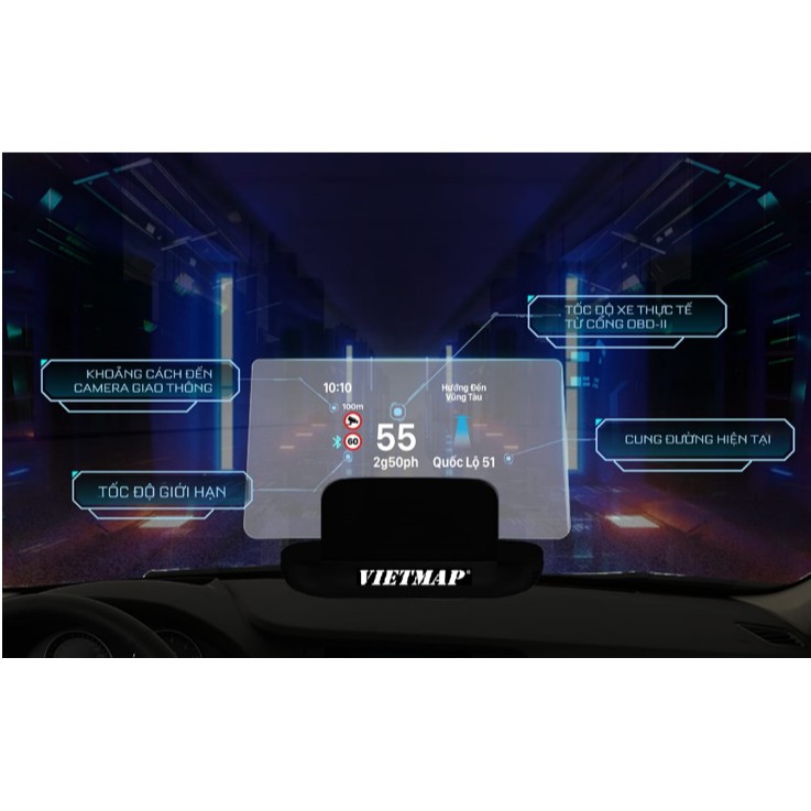 MÀN HÌNH HIỂN THỊ THÔNG BÁO CAMERA PHẠT NGUỘI, TỐC ĐỘ GIỚI HẠN, BIỂN BÁO - VIETMAP HUD H1N (TẶNG KÈM KHĂN 3M)