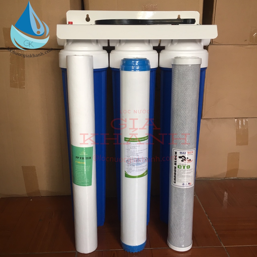 Bộ lọc thô 3 cấp lọc 20 inch ren phi 27 màu xanh.
