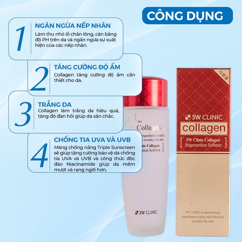 Nước Hoa Hồng Dưỡng Da Săn Chắc Chống Lão Hóa Collagen 3w Clinic Hàn Quốc 150ml