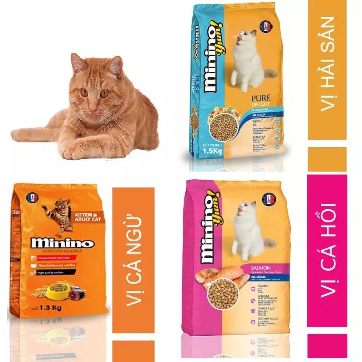 MININO  gói 13,kg và 1,5kg Thức ăn viên cao cấp cho mèo, dùng cho mèo mọi lứa tuổi