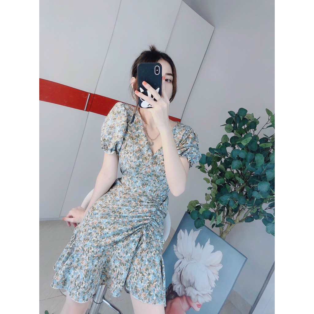 Váy Nữ 💖FREESHIP💖 Đầm Body Họa Tiết Hoa Cổ Tim Tay Ngắn Rút Dây Hông